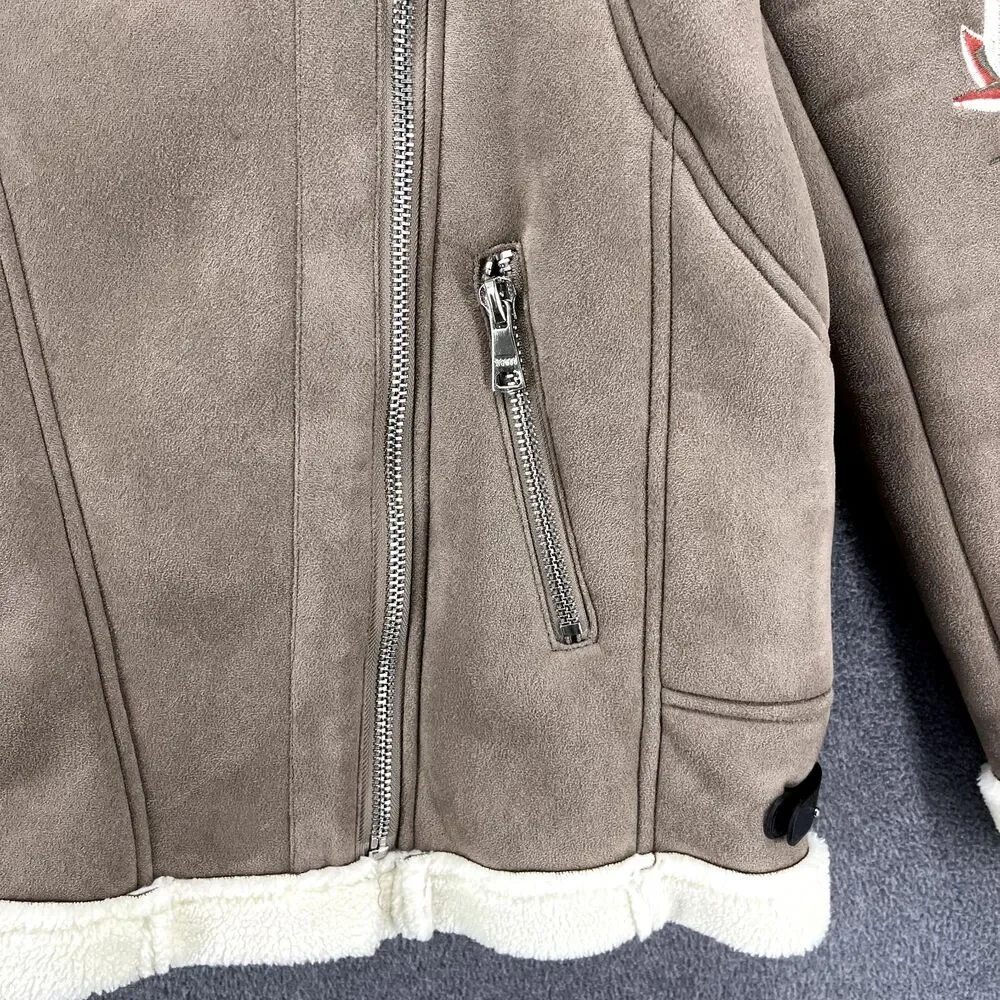 DRIFTWOOD Jacket womens Small faux suede beige embroidered sleeves Fleece lined - Picture 5 of 16